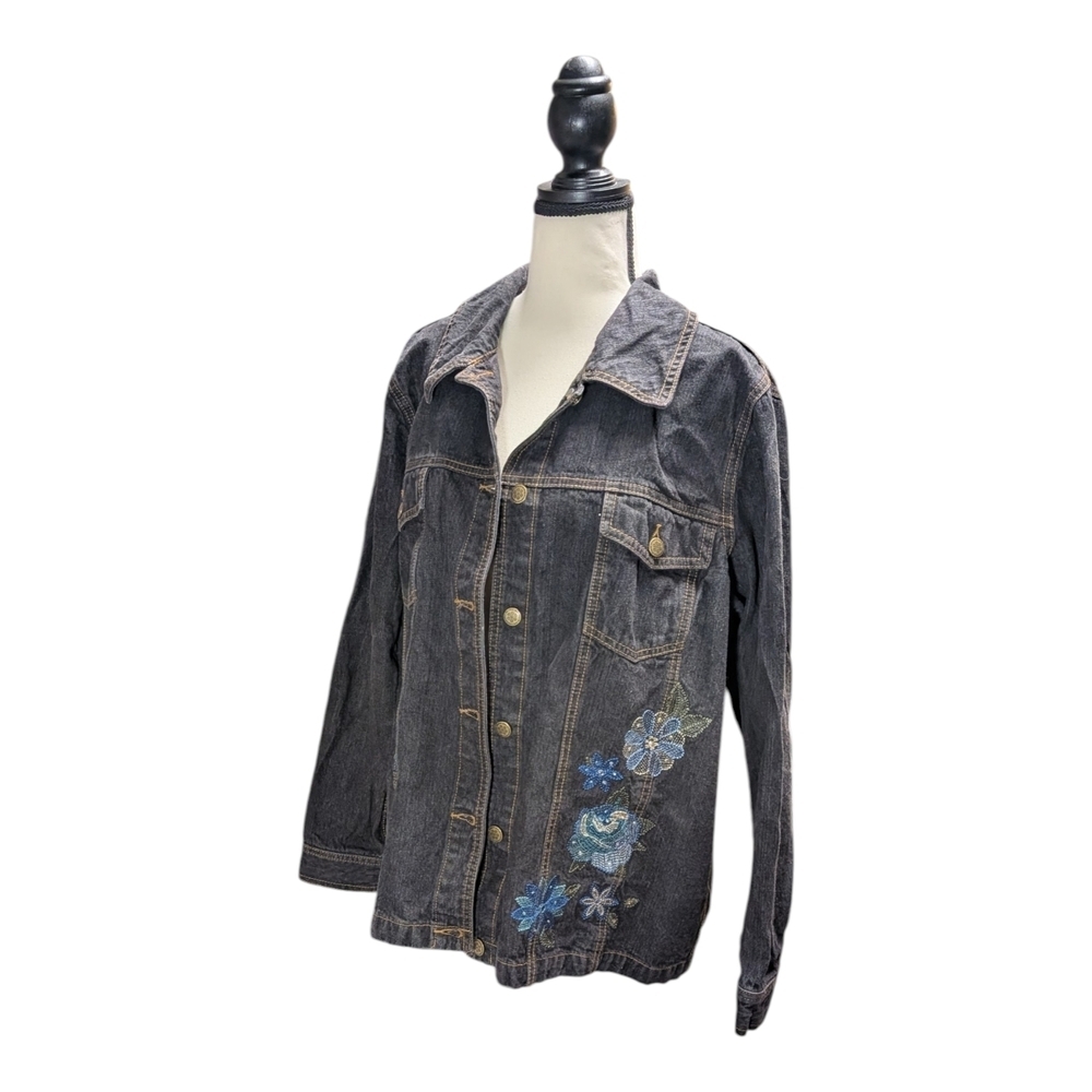 Denim&Co Dark Jean Jacket with Blue Embroidery - Picture 3 of 7